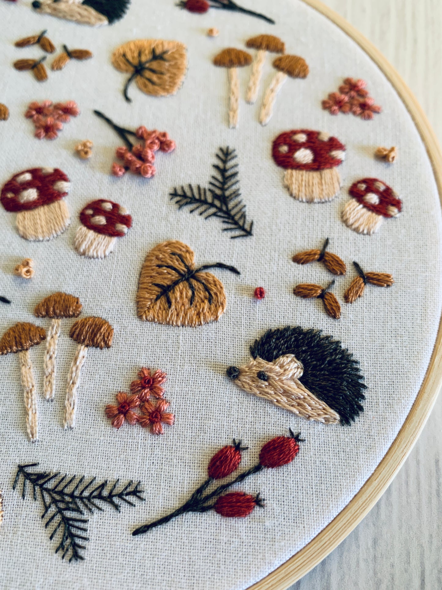Digital download. Hedgehog and mushroom embroidery hoop art PDF pattern with instructions. Wildlife woodland beginner wall decor project
