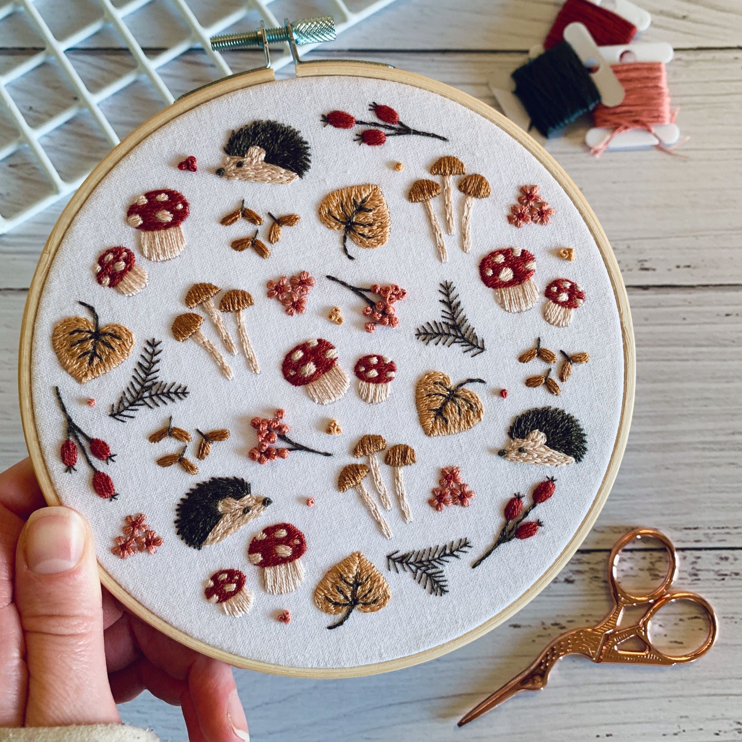 Hedgehog and Mushroom Embroidery Kit - DIY Beginner Craft for Relaxation and Mindfulness. Winter Woodland Hand Sewing Pattern
