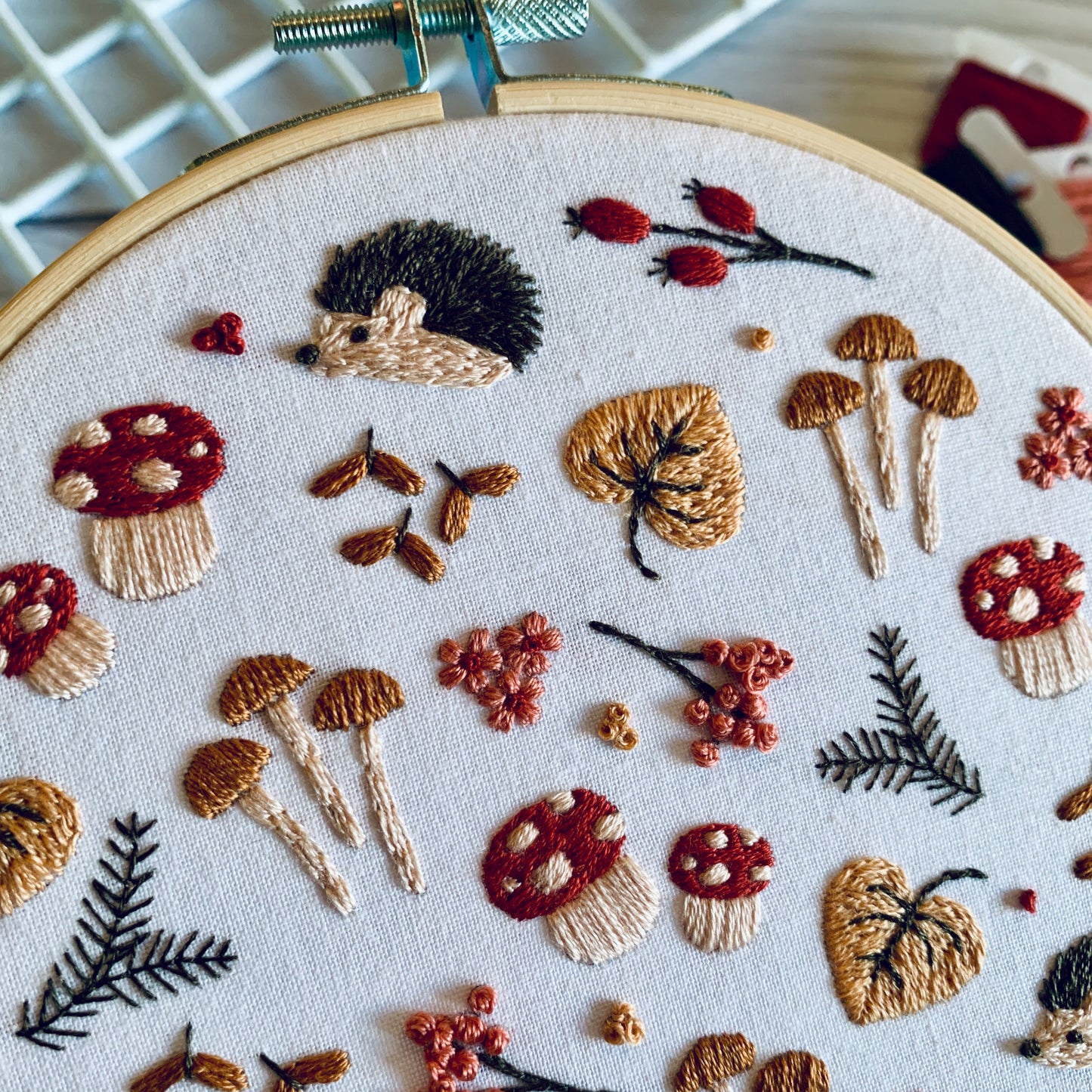 Hedgehog and Mushroom Embroidery Kit - DIY Beginner Craft for Relaxation and Mindfulness. Winter Woodland Hand Sewing Pattern