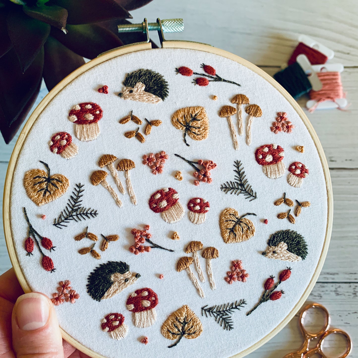 Digital download. Hedgehog and mushroom embroidery hoop art PDF pattern with instructions. Wildlife woodland beginner wall decor project