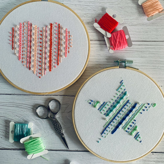Digital download. Geometric embroidery hoop art PDF pattern with instructions. Star or heart with pearl beads.