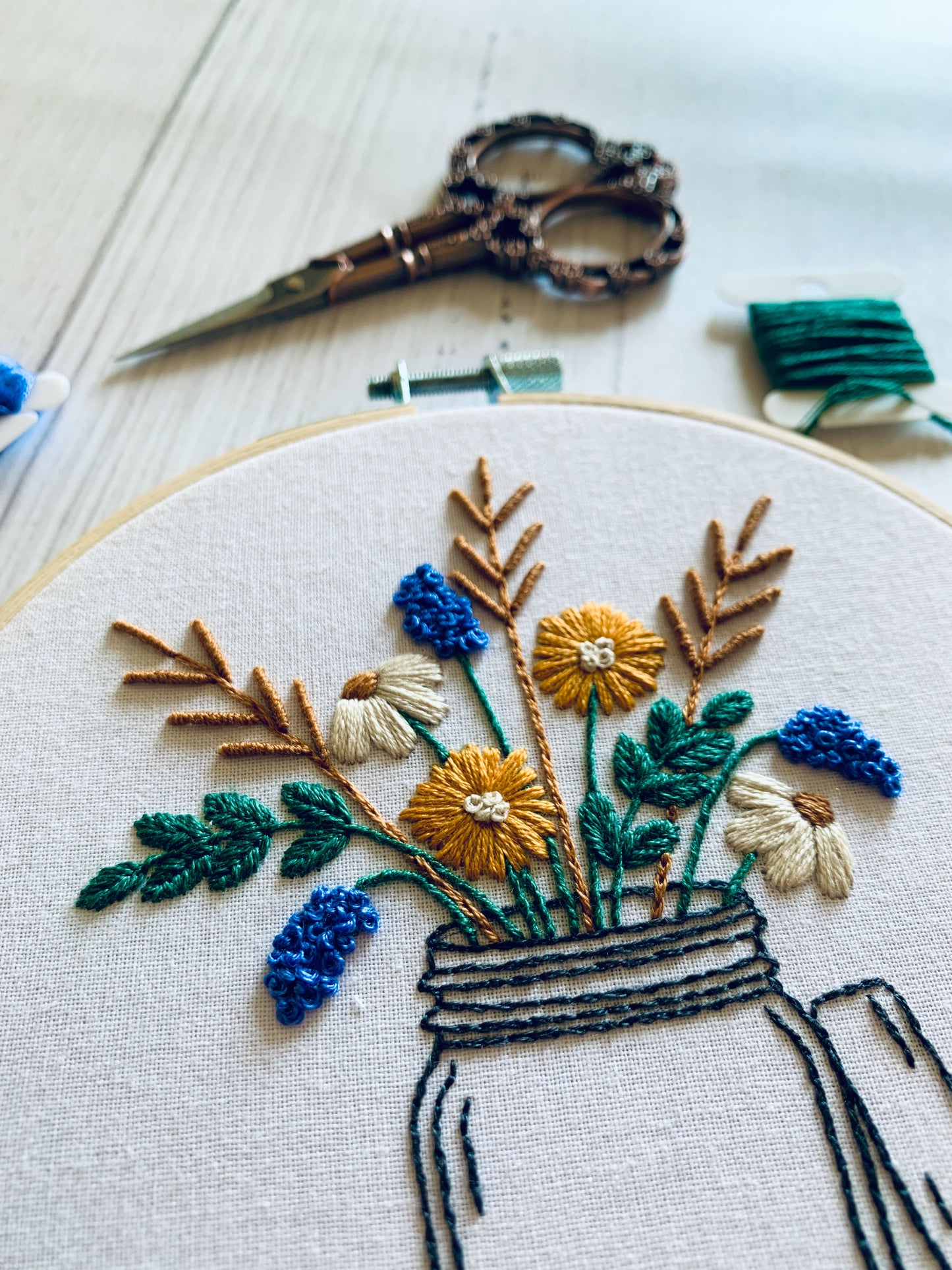 Tea Lover Floral Embroidery Kit - Single or Duo Kit options. Teapot, Jam Jar, Teacup Designs. Great For Mindfulness and Relaxation.