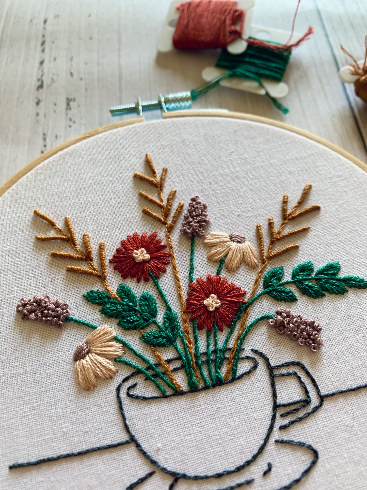 Tea Lover Floral Embroidery Kit - Single or Duo Kit options. Teapot, Jam Jar, Teacup Designs. Great For Mindfulness and Relaxation.