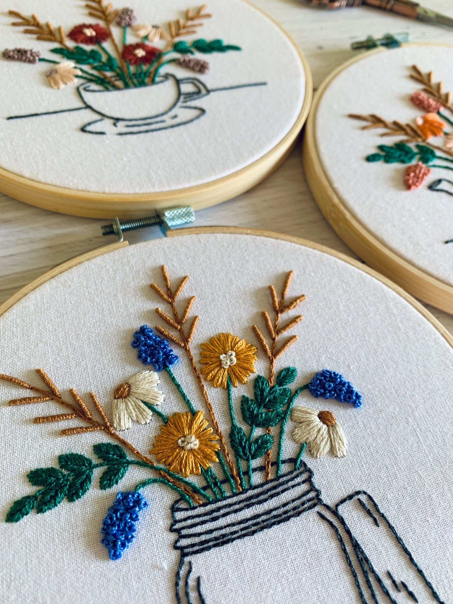 Digital download. Tea lover trio embroidery hoop art PDF pattern with instructions. Teapot, Jam Jar and Teapot.