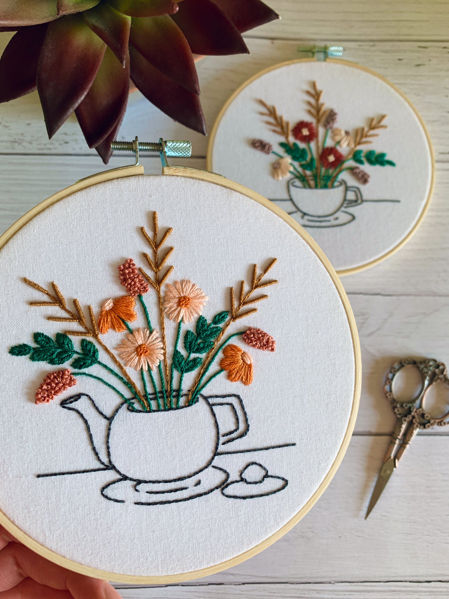 Digital download. Tea lover trio embroidery hoop art PDF pattern with instructions. Teapot, Jam Jar and Teapot.