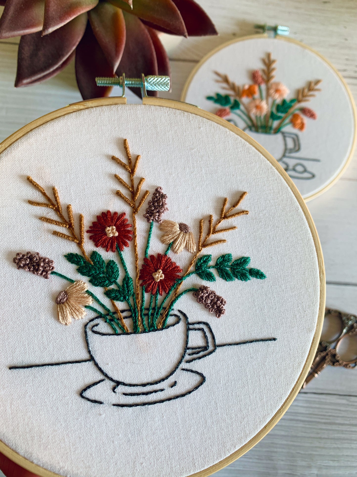 Digital download. Tea lover trio embroidery hoop art PDF pattern with instructions. Teapot, Jam Jar and Teapot.