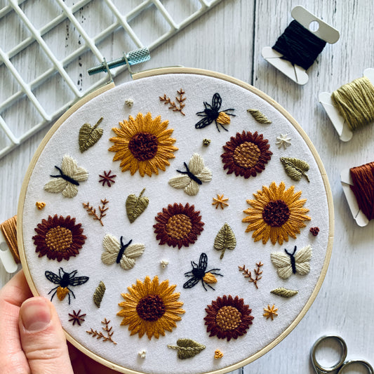 Digital download. Sunny sunflower embroidery hoop art PDF pattern with instructions.  Wildlife floral beginner crewel wall decor project