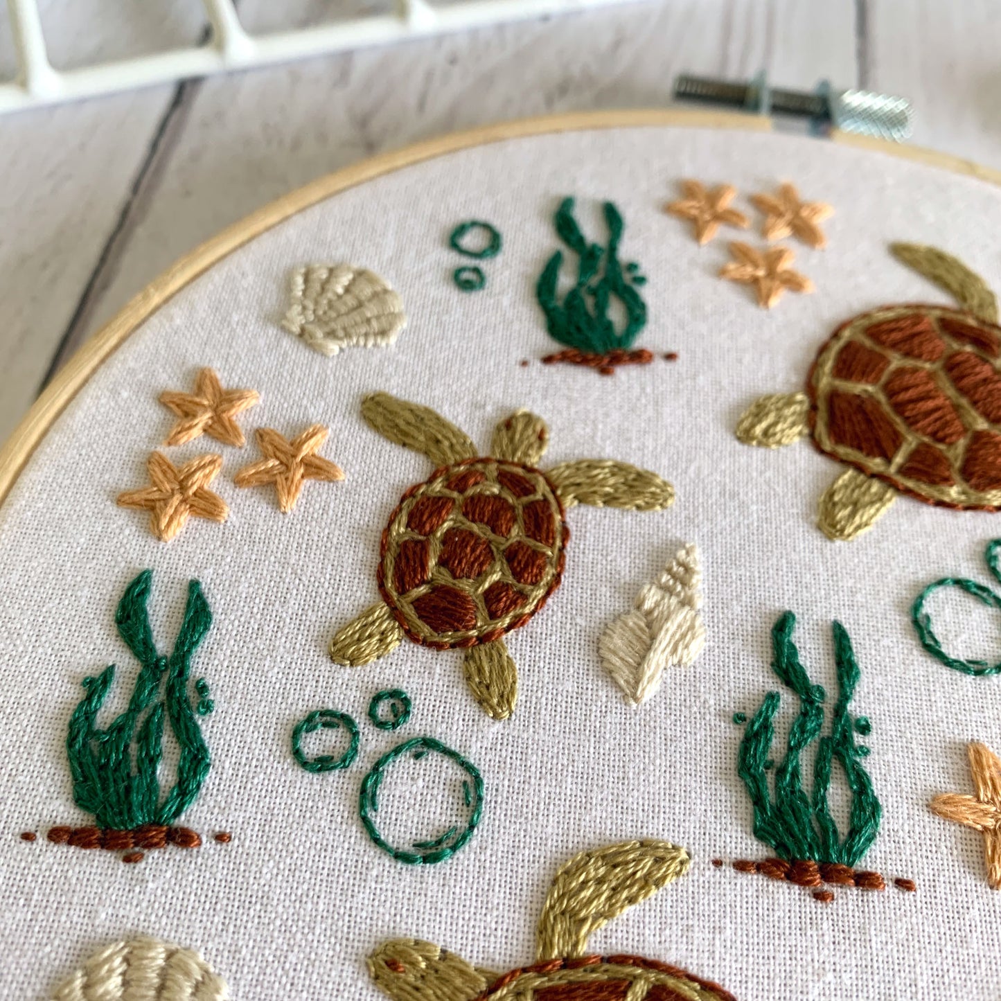 Sea Turtle Embroidery Kit - Sea life DIY Beginner Craft for Relaxation and Mindfulness. 6" crewel design