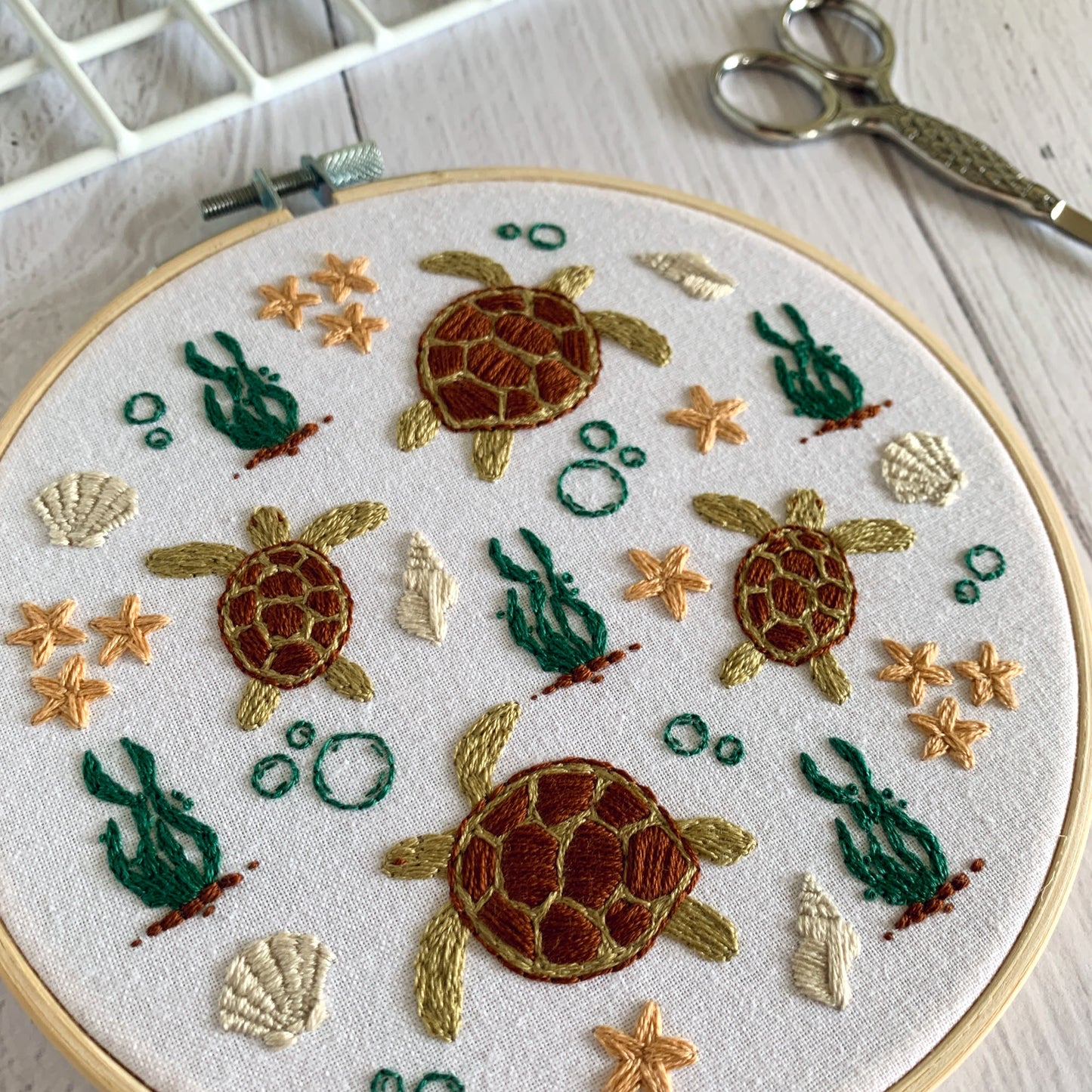 Sea Turtle Embroidery Kit - Sea life DIY Beginner Craft for Relaxation and Mindfulness. 6" crewel design