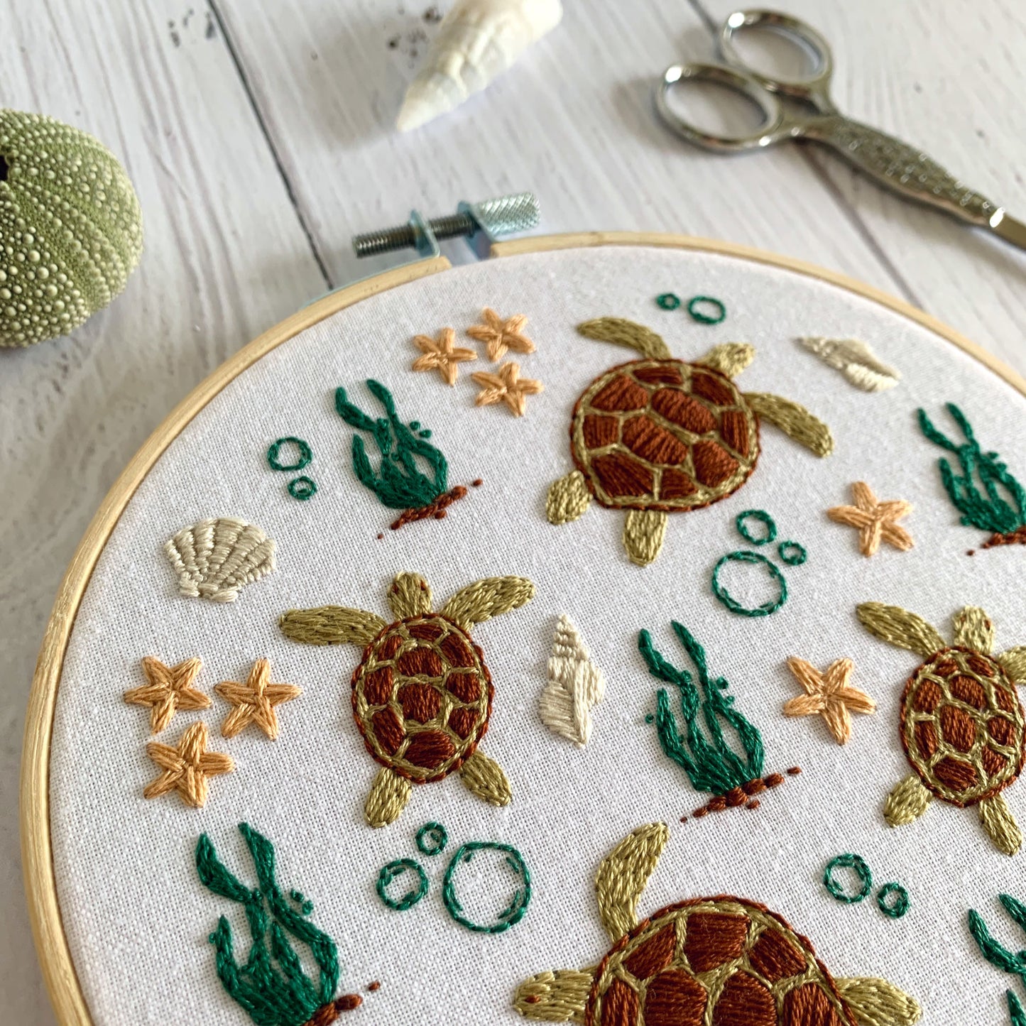 Sea Turtle Embroidery Kit - Sea life DIY Beginner Craft for Relaxation and Mindfulness. 6" crewel design