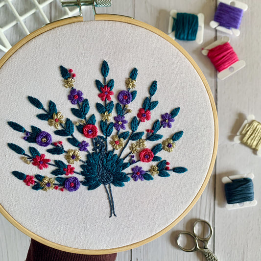 Embroidery Kit - Peacock design with gold metallic thread. Animal nature gift.