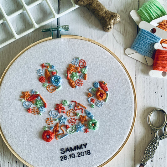 Digital download. Custom cat or dog paw print embroidery hoop art PDF pattern with instructions