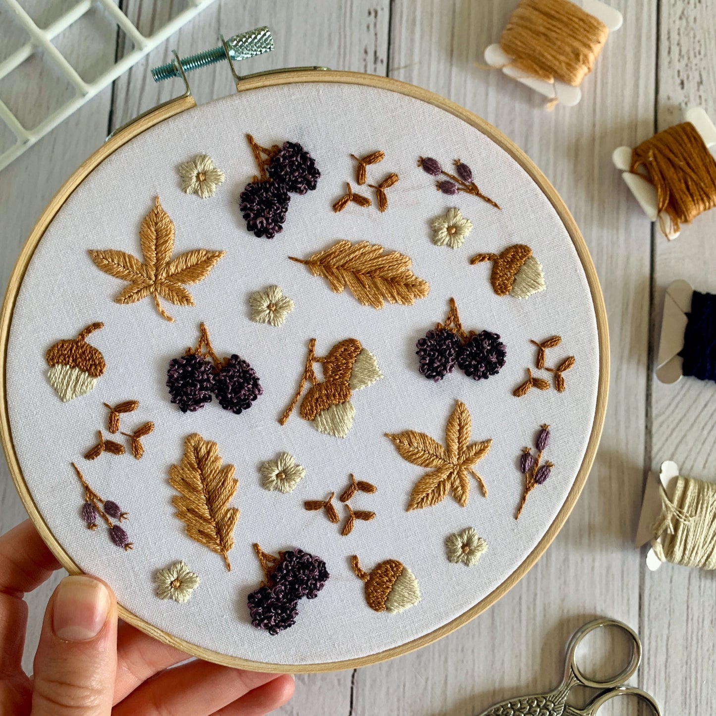 Full embroidery kit.  Blackberries and Acorns. Adult nature anxiety/stress relief gift