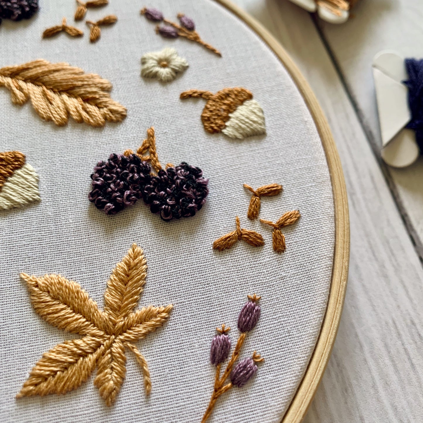 Full embroidery kit.  Blackberries and Acorns. Adult nature anxiety/stress relief gift