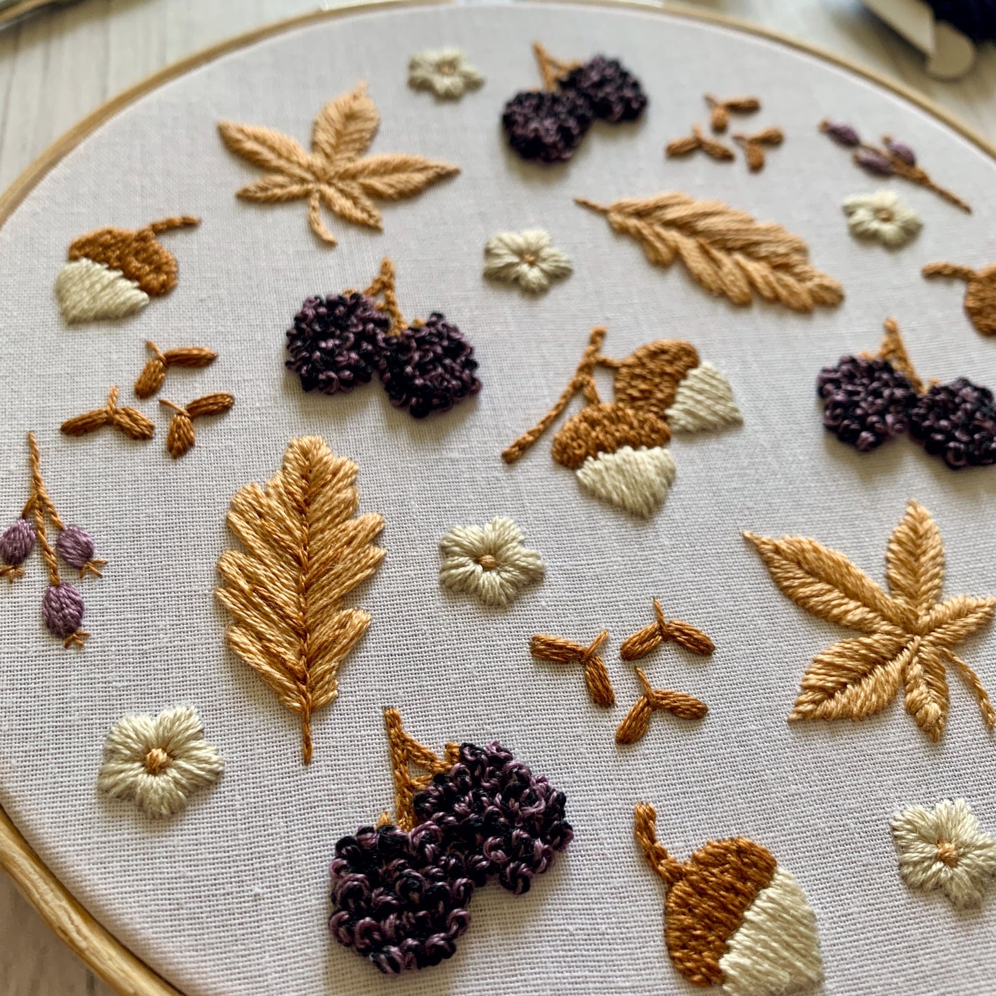 Full embroidery kit.  Blackberries and Acorns. Adult nature anxiety/stress relief gift