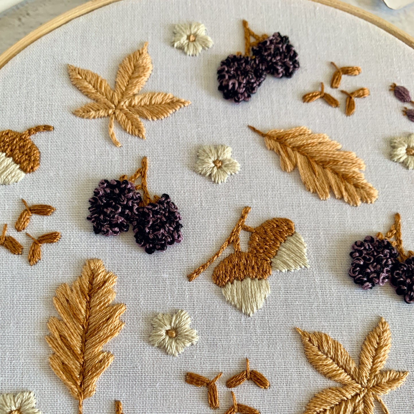 Full embroidery kit.  Blackberries and Acorns. Adult nature anxiety/stress relief gift