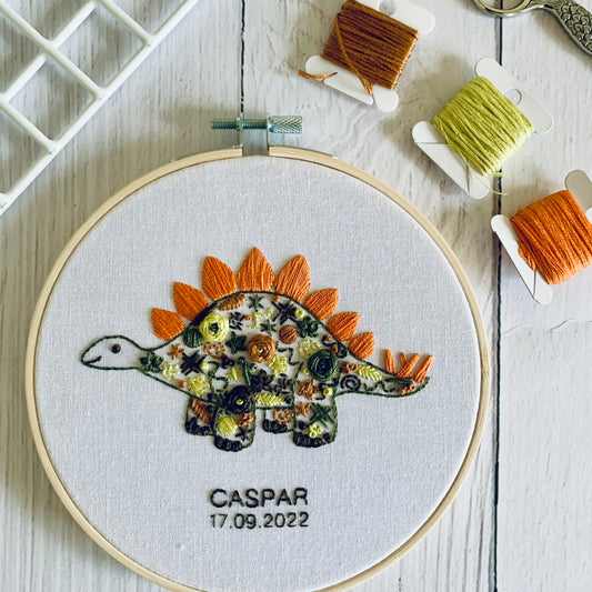 Personalised Dinosaur Embroidery Kit - Children’s Stegosaurus Bedroom Hoop Art. Whimsical Craft Gift for Newborn with Name and Birthday.