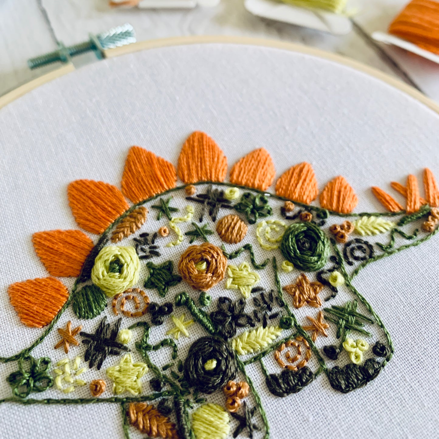 Digital download. Personalised Dinosaur embroidery hoop art PDF pattern with instructions. Stegosaurus beginner crewel wall decor project