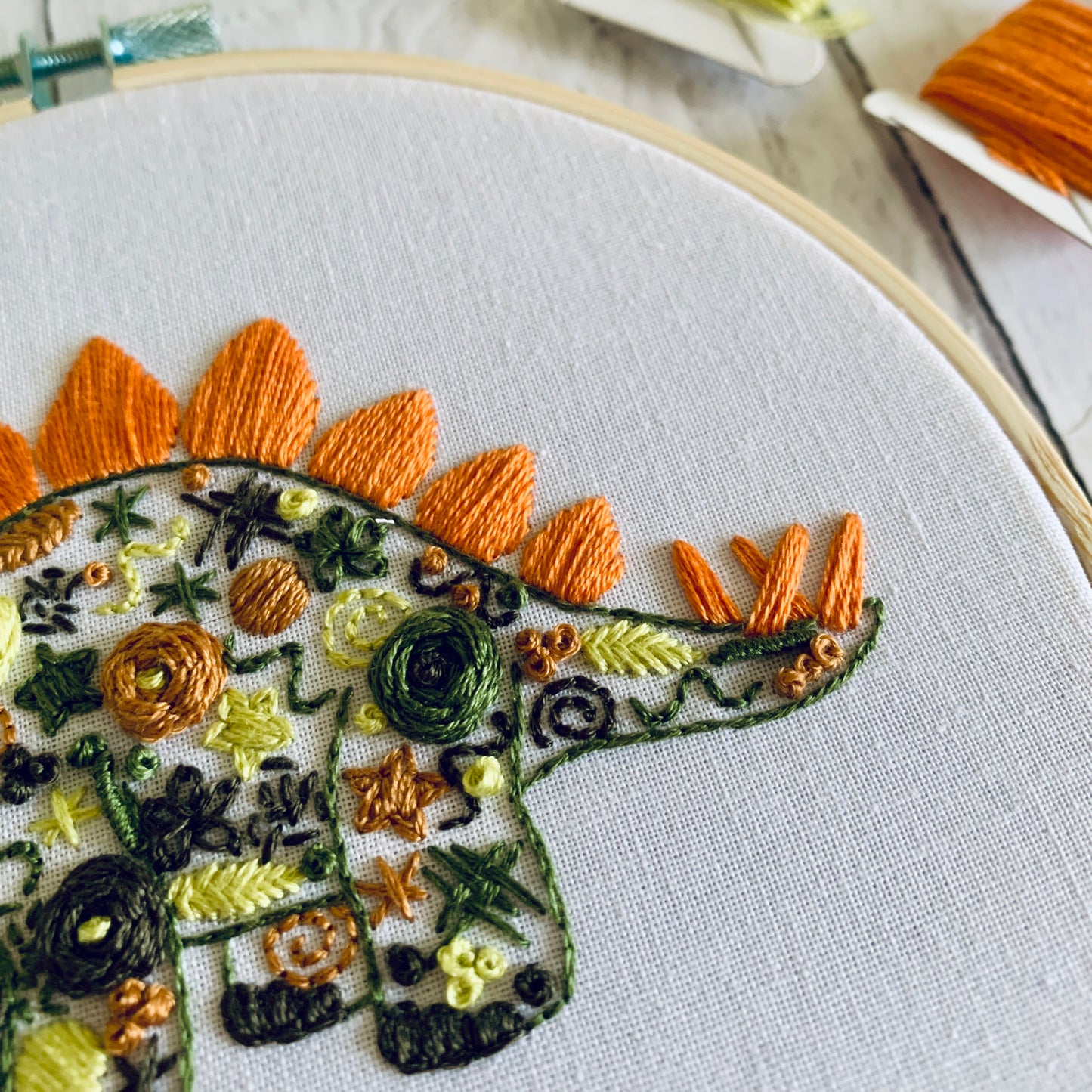 Digital download. Personalised Dinosaur embroidery hoop art PDF pattern with instructions. Stegosaurus beginner crewel wall decor project