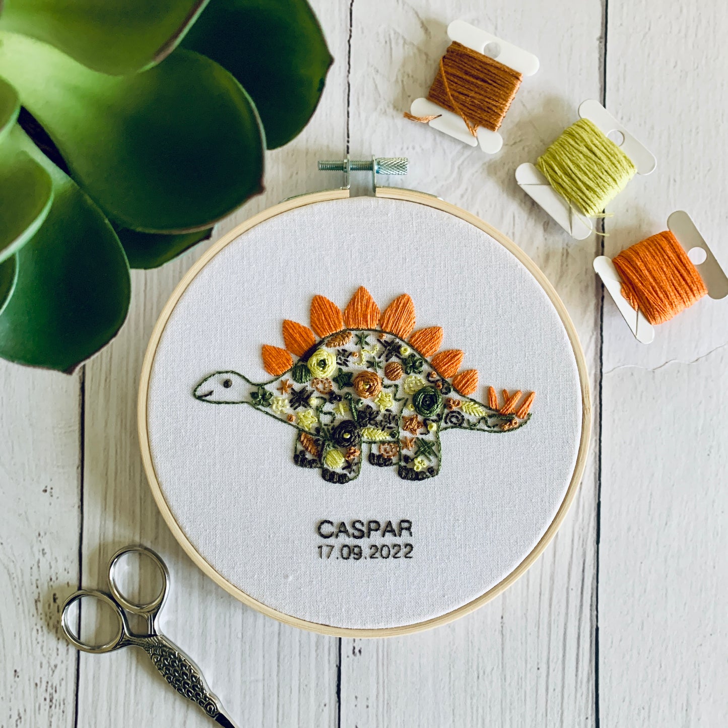 Personalised Dinosaur Embroidery Kit - Children’s Stegosaurus Bedroom Hoop Art. Whimsical Craft Gift for Newborn with Name and Birthday.