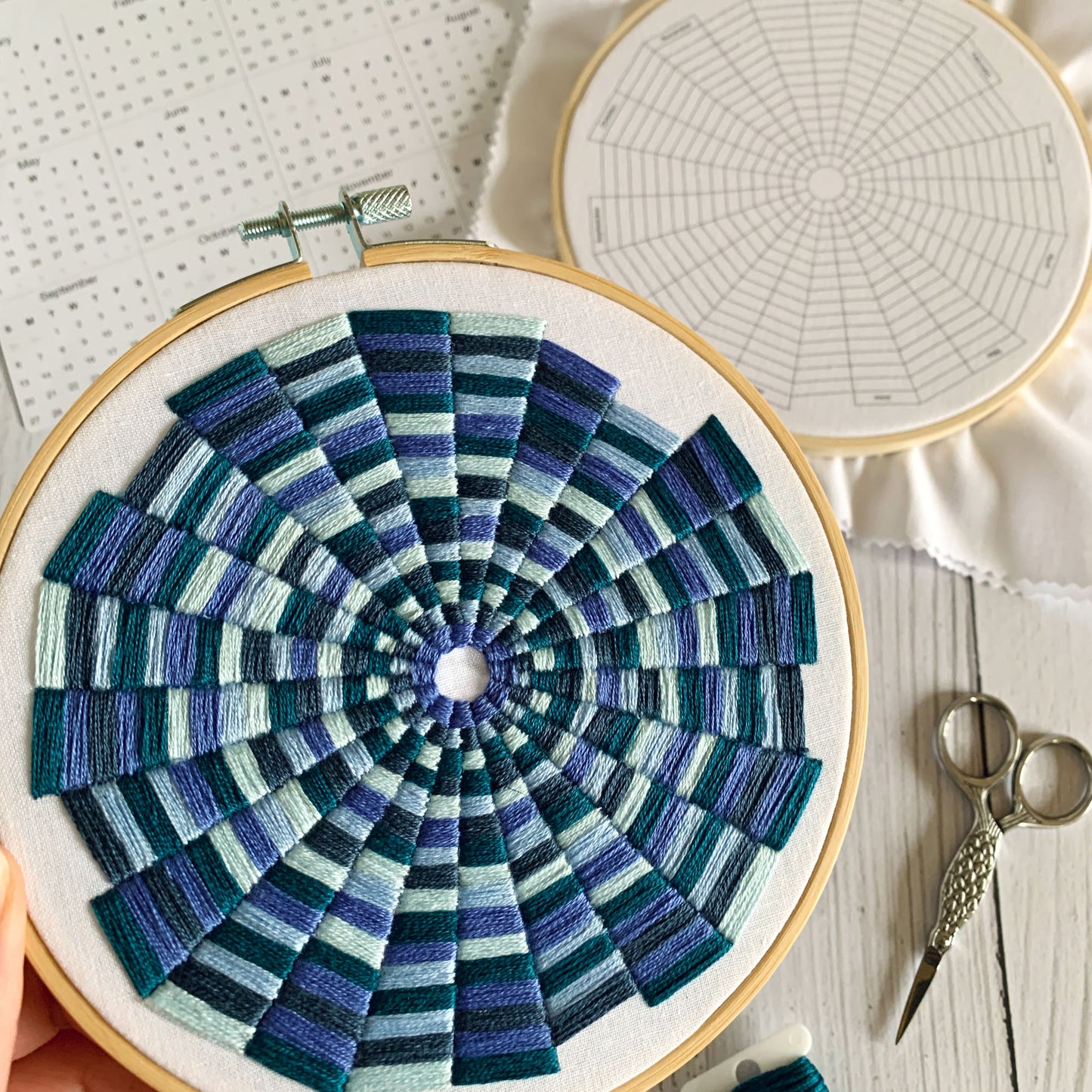 Digital download. Embroidery Calendar hoop art PDF pattern with instructions. 365 blocks, 1 per day