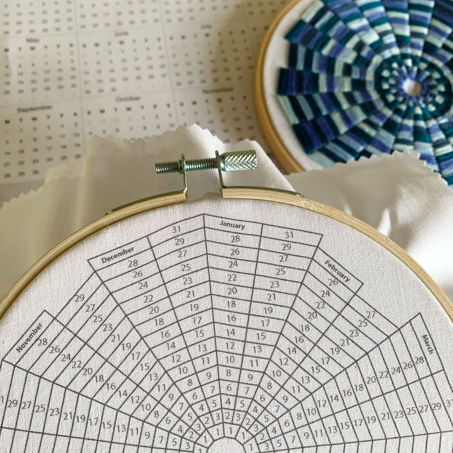 Digital download. Embroidery Calendar hoop art PDF pattern with instructions. 365 blocks, 1 per day