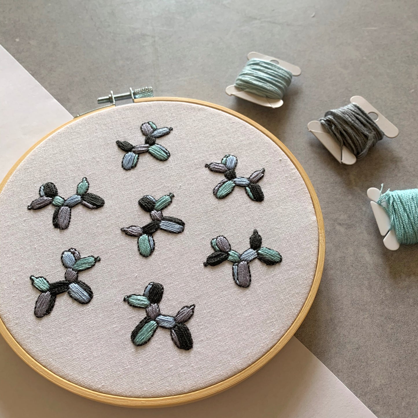 Full embroidery kit. Balloon dog hoop art. Beginner mindful craft project
