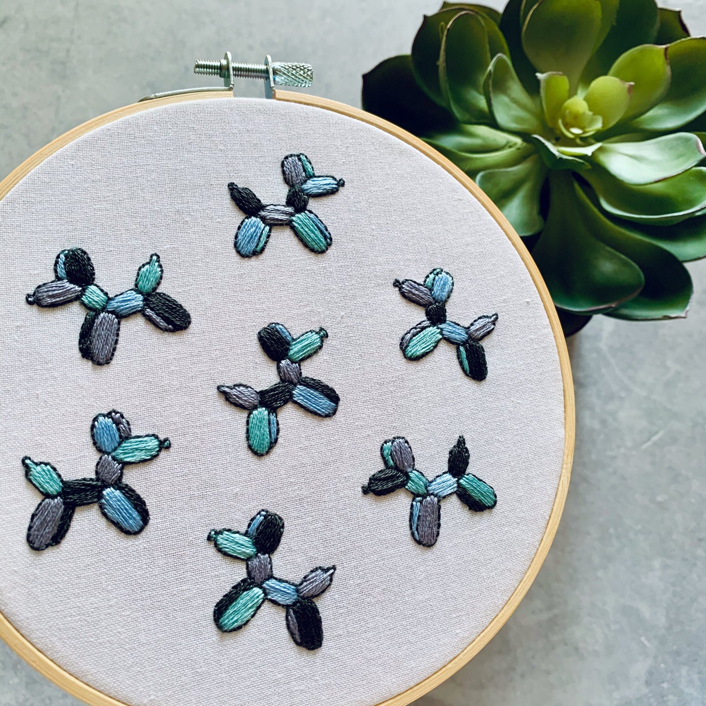 Full embroidery kit. Balloon dog hoop art. Beginner mindful craft project
