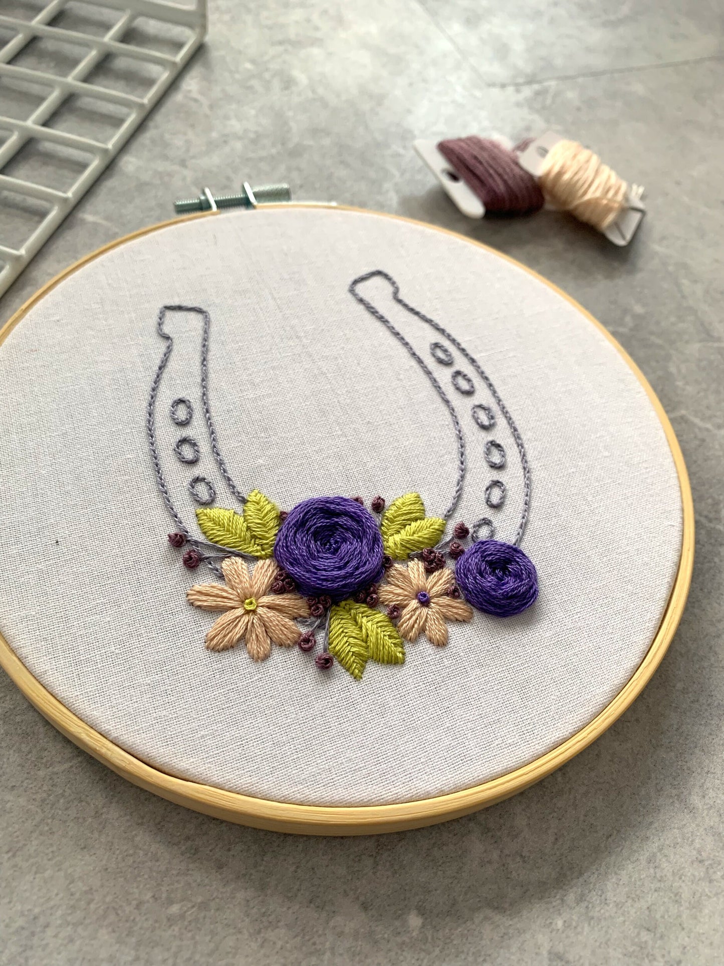 Full embroidery kit. Floral lucky horseshoe hoop art. Mindfulness diy project
