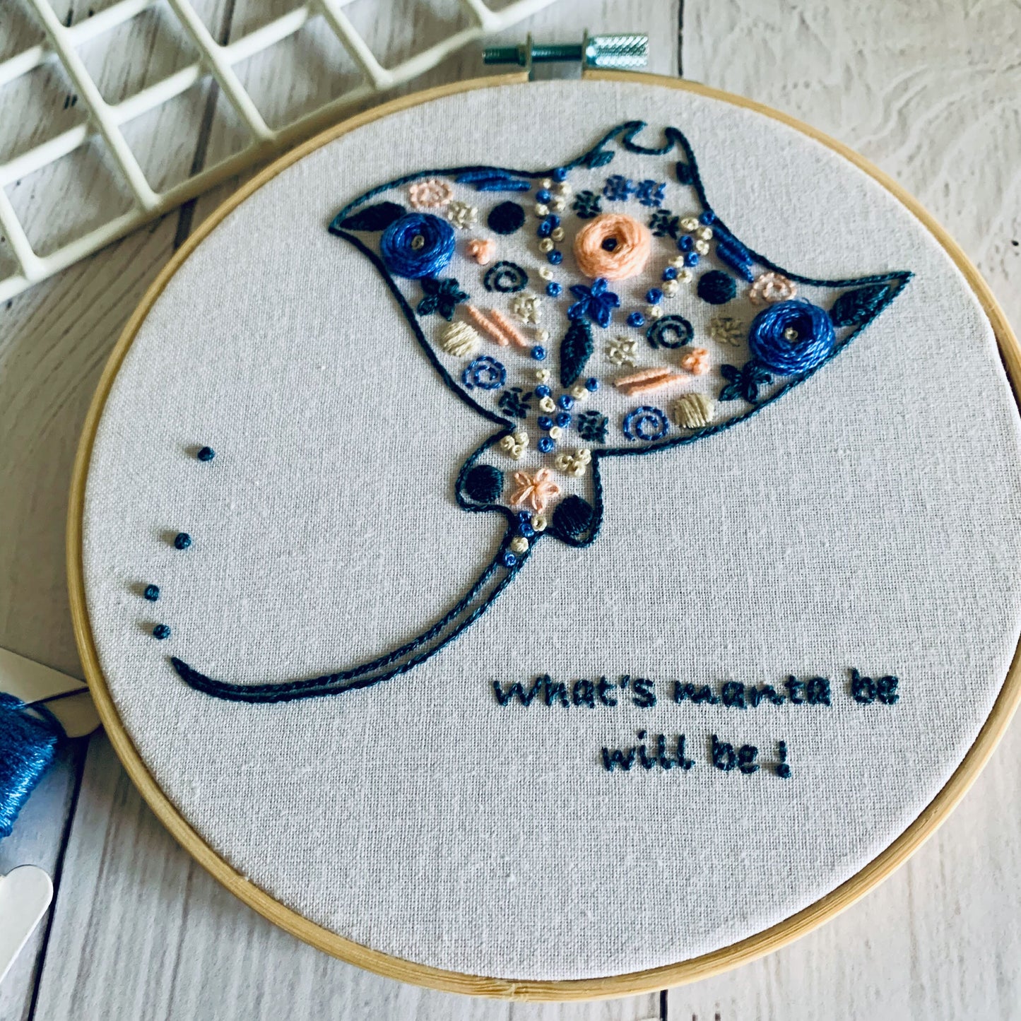 Full embroidery kit. 2-design sea animal narwhal and manta ray hoop art. Modern and unique crewel designs for mindfulness