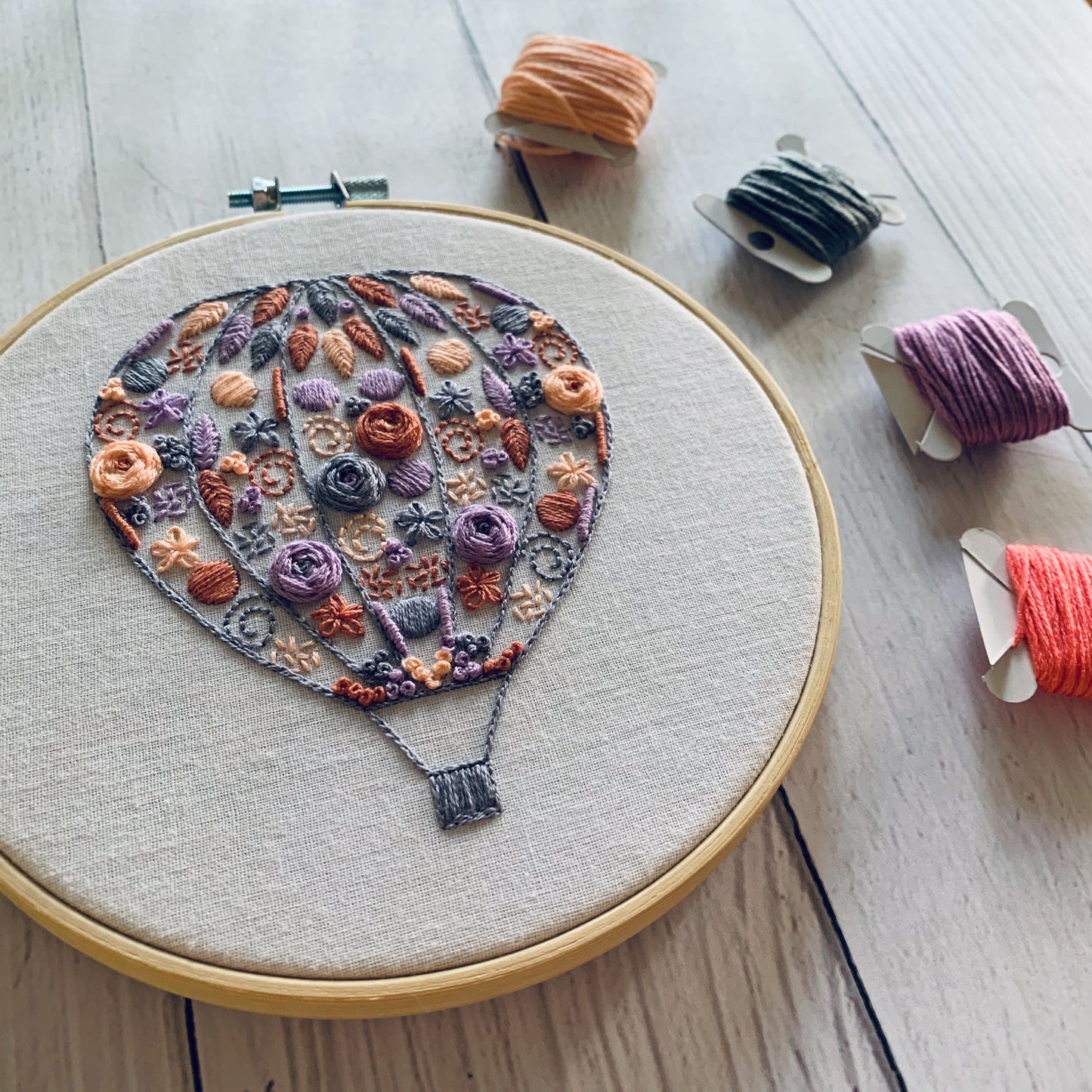 Full embroidery kit. Hot air balloon DIY beginner craft. Adult anxiety/stress relief gift