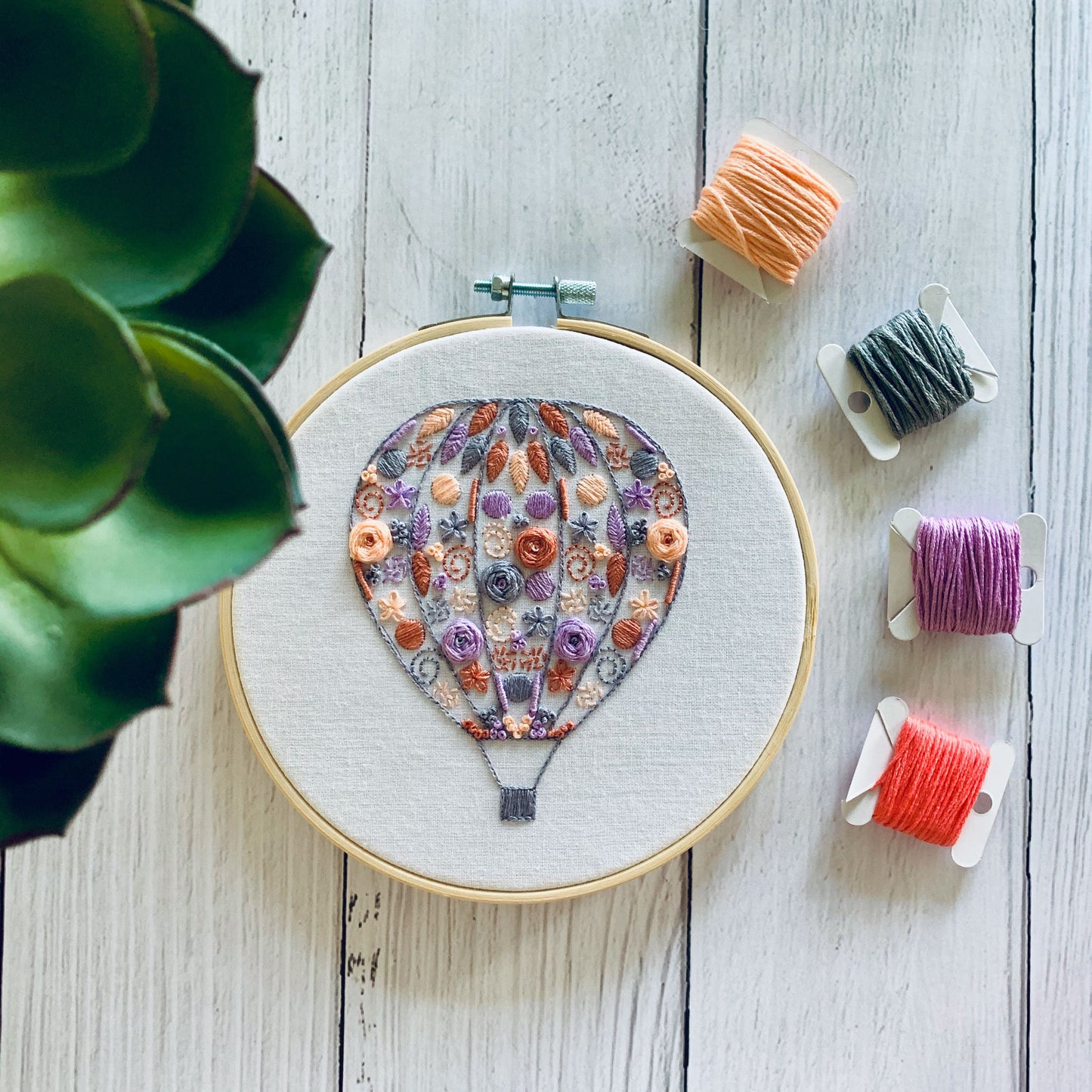 Full embroidery kit. Hot air balloon DIY beginner craft. Adult anxiety/stress relief gift
