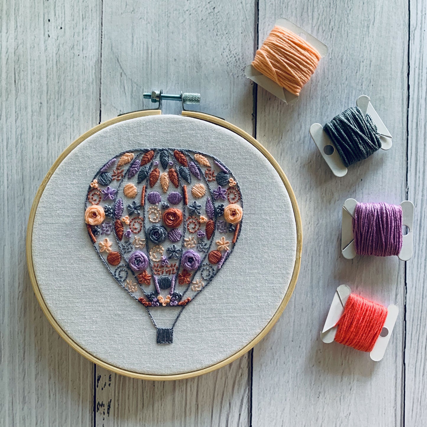 Full embroidery kit. Hot air balloon DIY beginner craft. Adult anxiety/stress relief gift