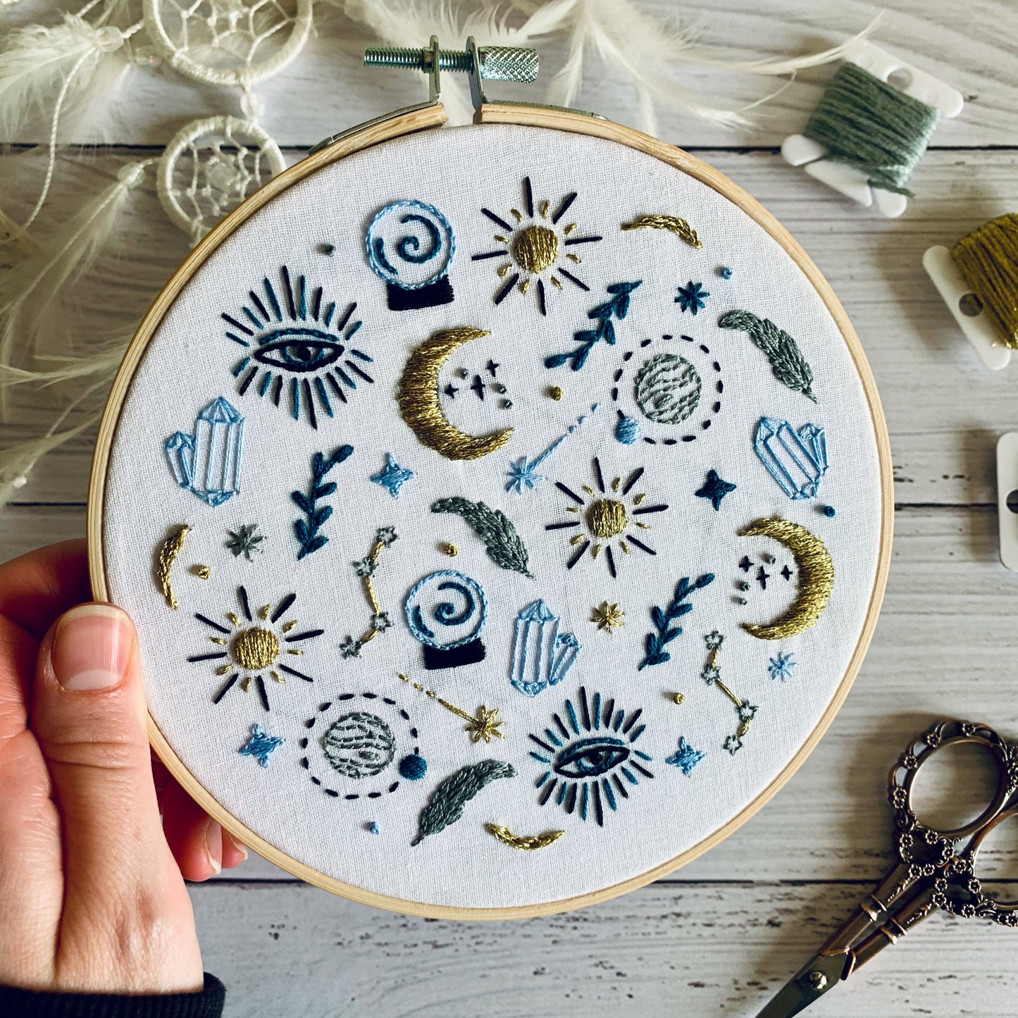 Full embroidery kit. Mystic, witchy DIY beginner craft. Adult astrology anxiety/stress relief gift