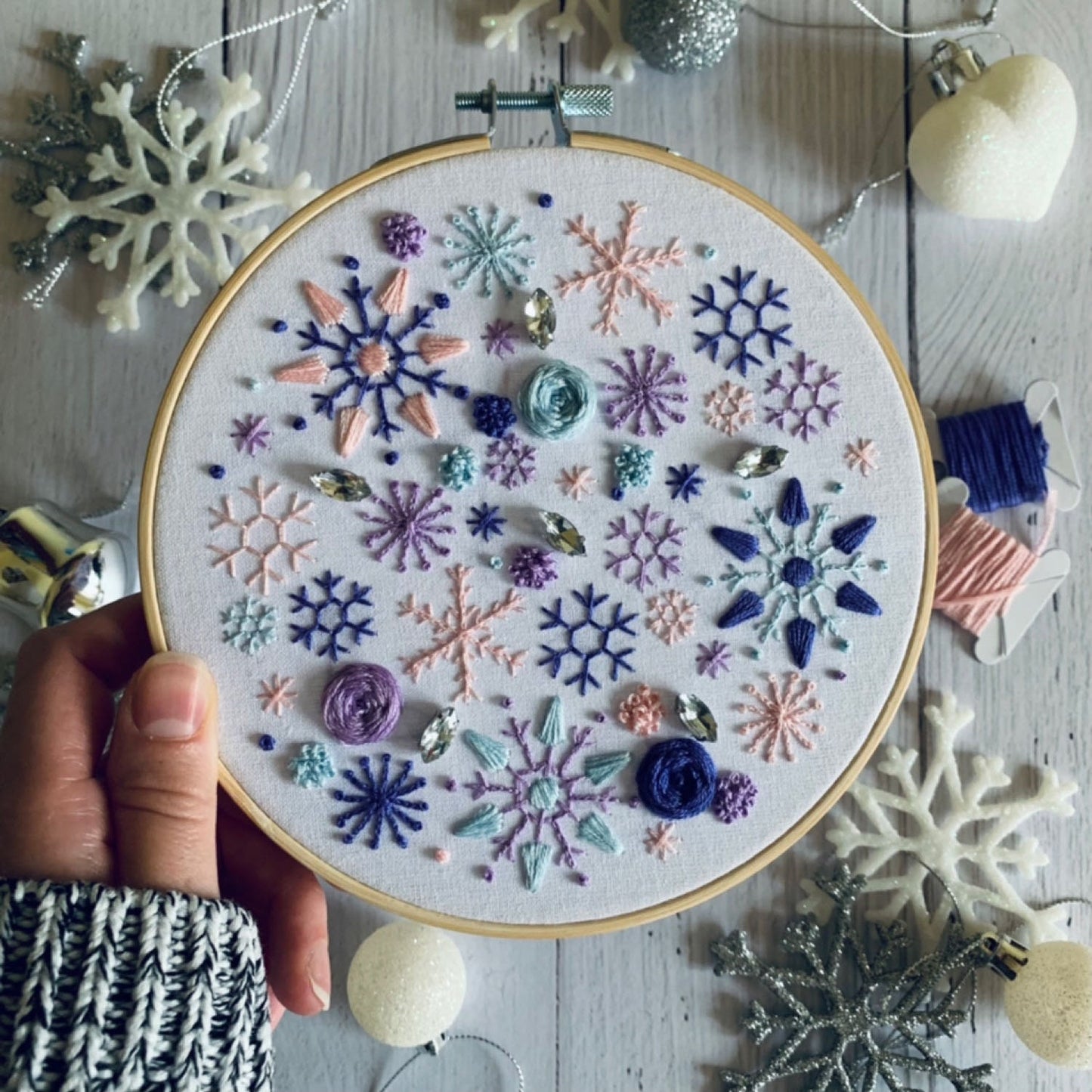 Digital download. Winter snowflake embroidery hoop art PDF pattern with instructions