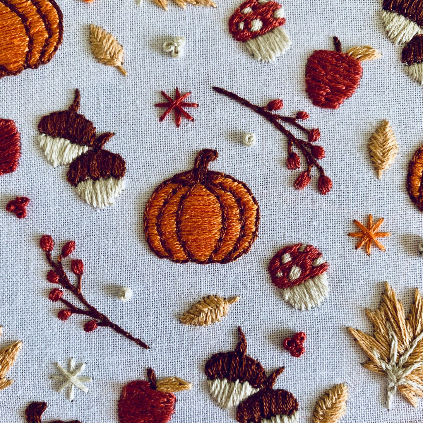 Digital download. Autumnal fall embroidery hoop art PDF pattern with instructions. Mushroom woodland beginner crewel wall decor project
