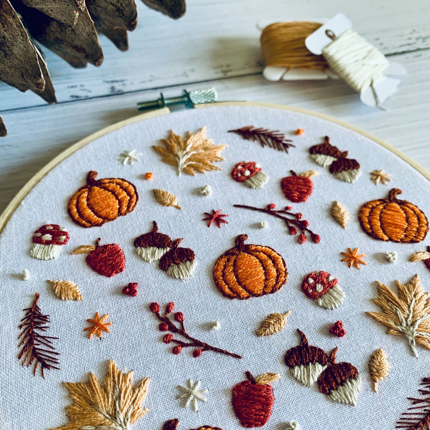 Digital download. Autumnal fall embroidery hoop art PDF pattern with instructions. Mushroom woodland beginner crewel wall decor project