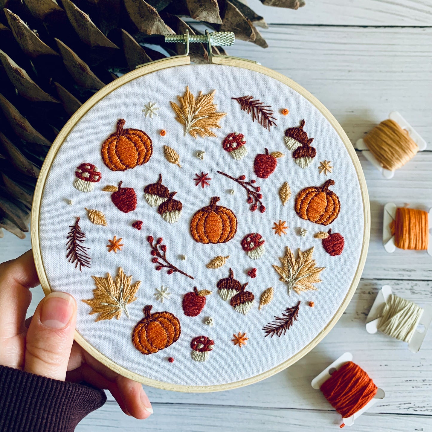 Digital download. Autumnal fall embroidery hoop art PDF pattern with instructions. Mushroom woodland beginner crewel wall decor project
