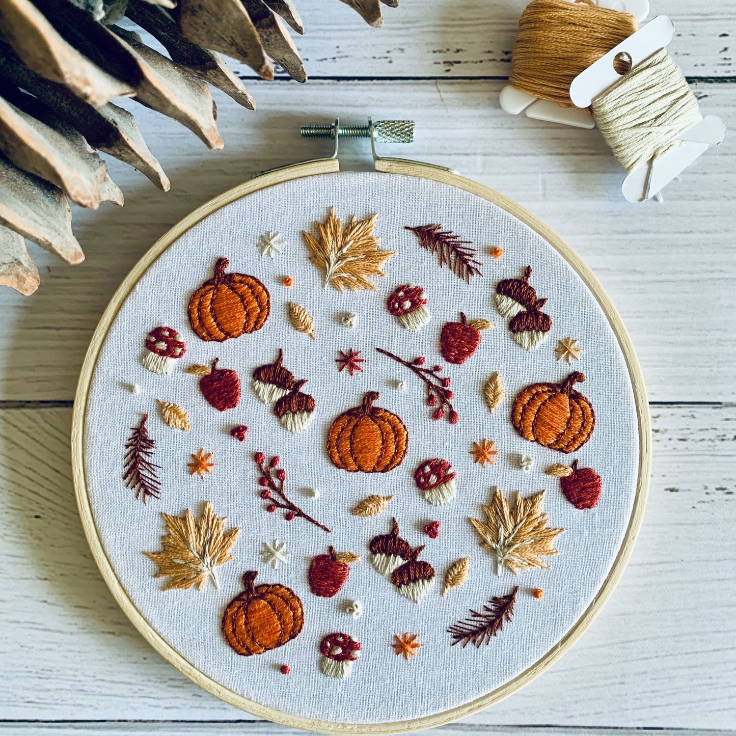 Digital download. Autumnal fall embroidery hoop art PDF pattern with instructions. Mushroom woodland beginner crewel wall decor project
