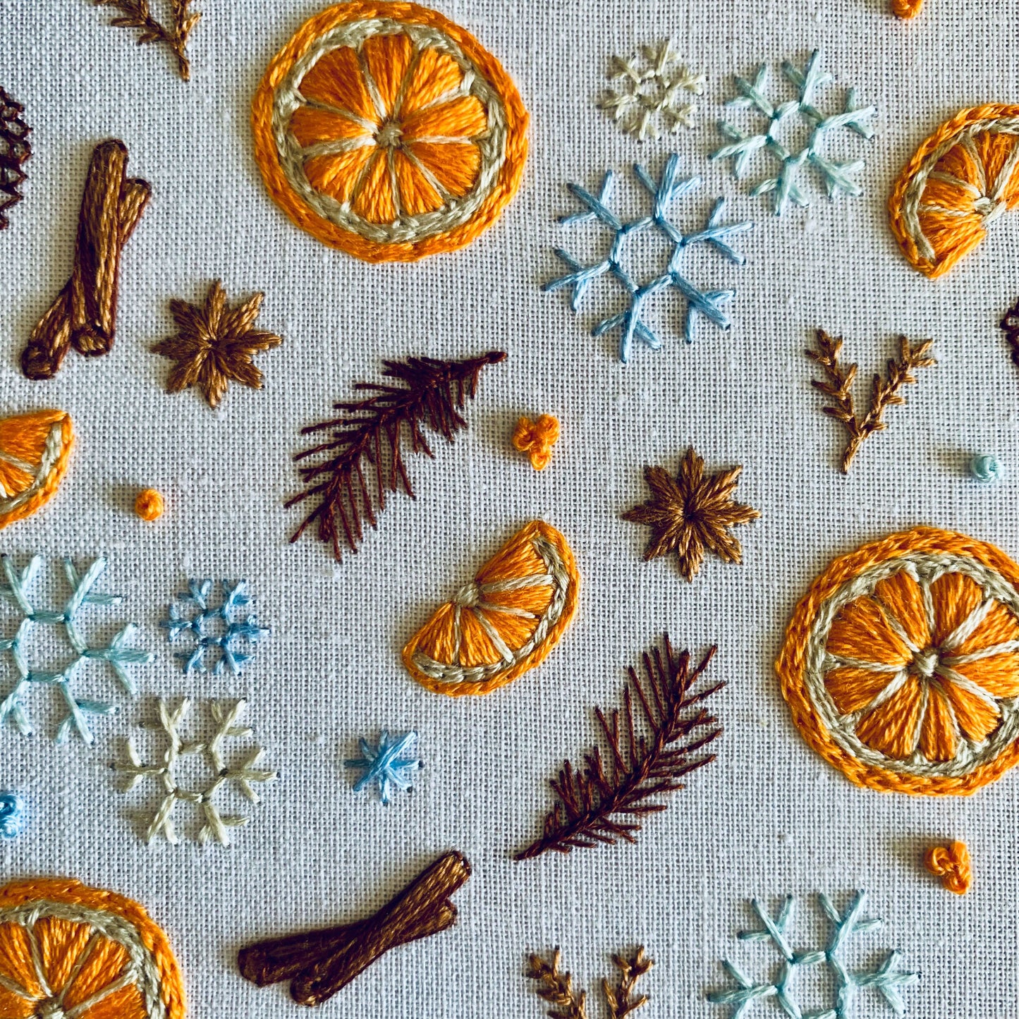 Full embroidery kit. Winter spices and orange slices DIY beginner craft. Adult woodland snowflake anxiety/stress relief gift
