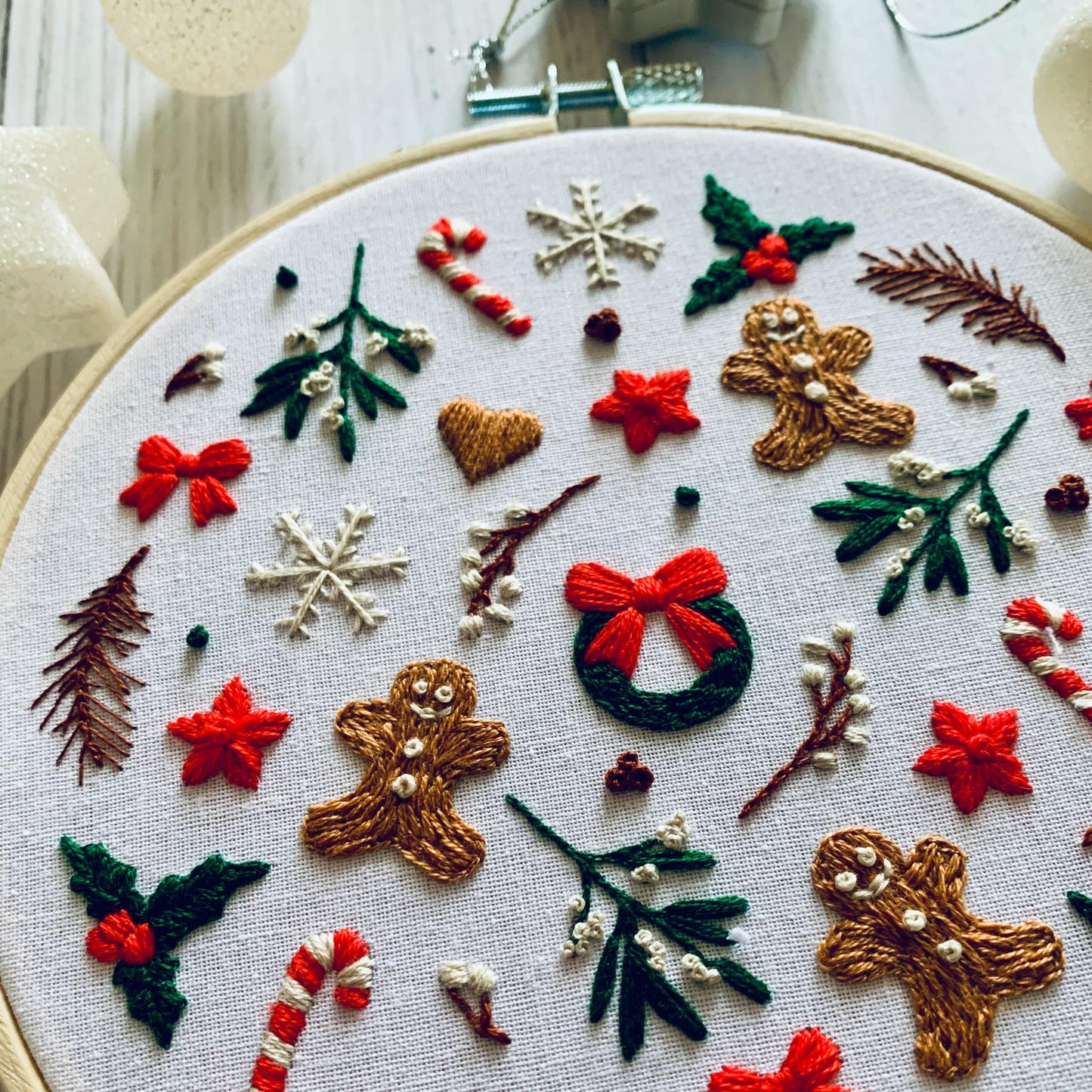 Full embroidery kit. Festive gingerbread DIY beginner craft. Adult Christmas holidays anxiety/stress relief gift
