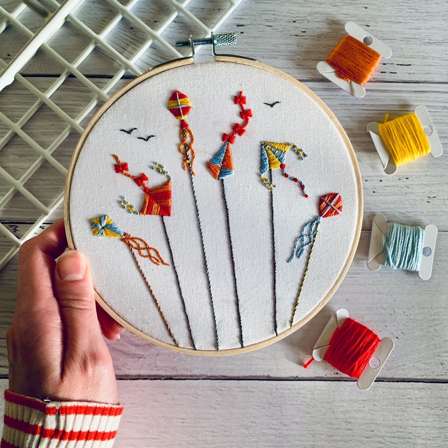 Full embroidery kit. Flying kites DIY beginner craft. Choose your design. Adult birds anxiety/stress relief gift