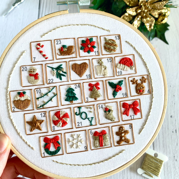 Full embroidery kit. Christmas Advent Embroidery Calendar. Stitch a square a day 1st-24th December