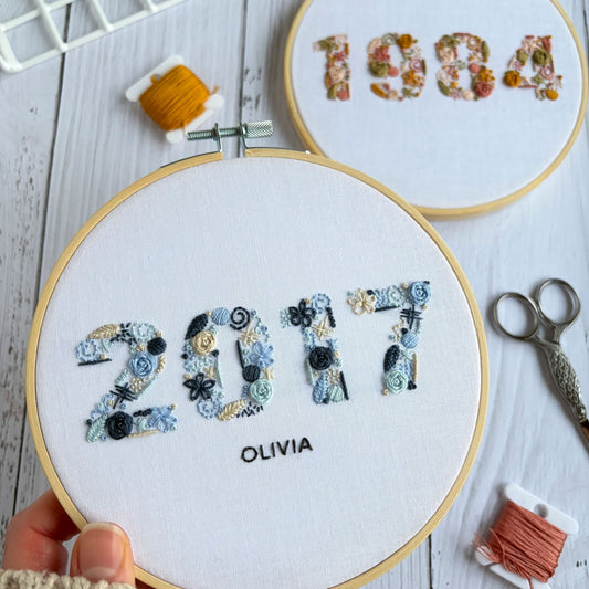 Full embroidery kit. Year of birth embroidery hoop art. Choose your colours. DIY craft project for bedroom art
