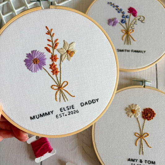 Personalised Birth Flower Bouquet Embroidery Kit – Custom Family Flowers, Wedding or New Baby Gift