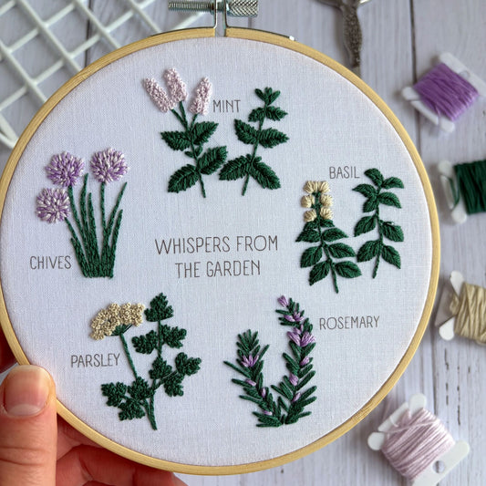 Garden Herbs Embroidery Kit  – Mindful Beginner Craft with Mint, Basil, Rosemary & Parsley