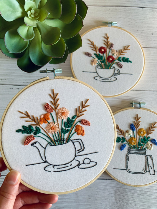 Tea Lover Floral Embroidery Kit -  Single or Duo Kit options. Teapot, Jam Jar, Teacup Designs. Great For Mindfulness and Relaxation.