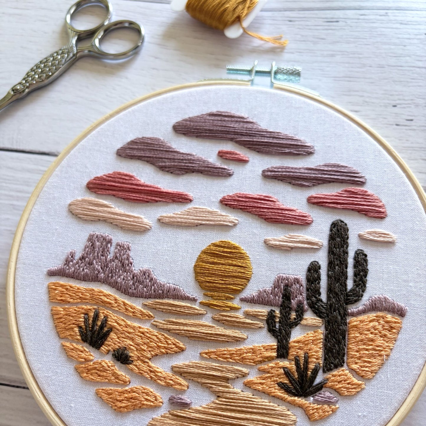 Desert Sunset Embroidery Kit – Cactus Landscape DIY Hand Embroidery Craft for Beginners