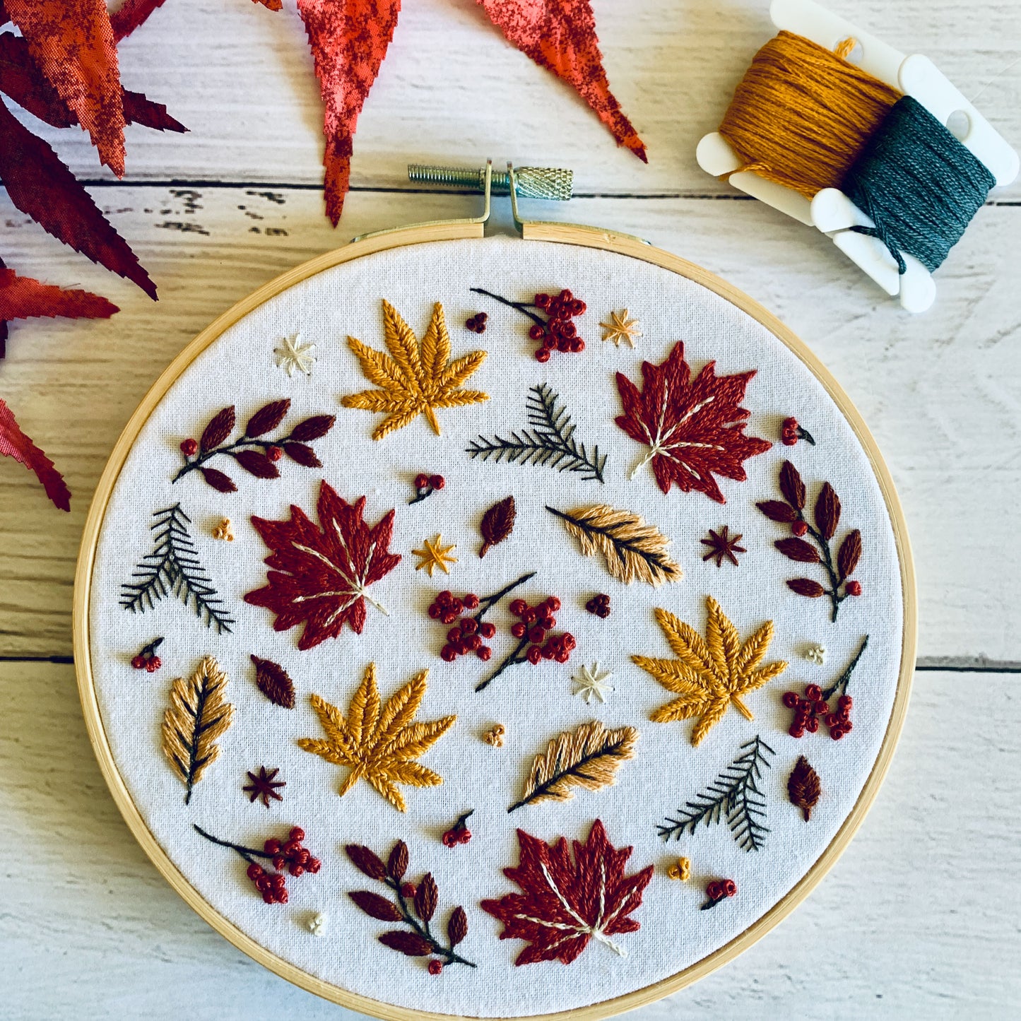 Fall Foliage Embroidery Kit - DIY Hoop Art for Adults. Relaxing Nature Craft Gift, Autumn Leaves Stress Relief Project, beginner friendly