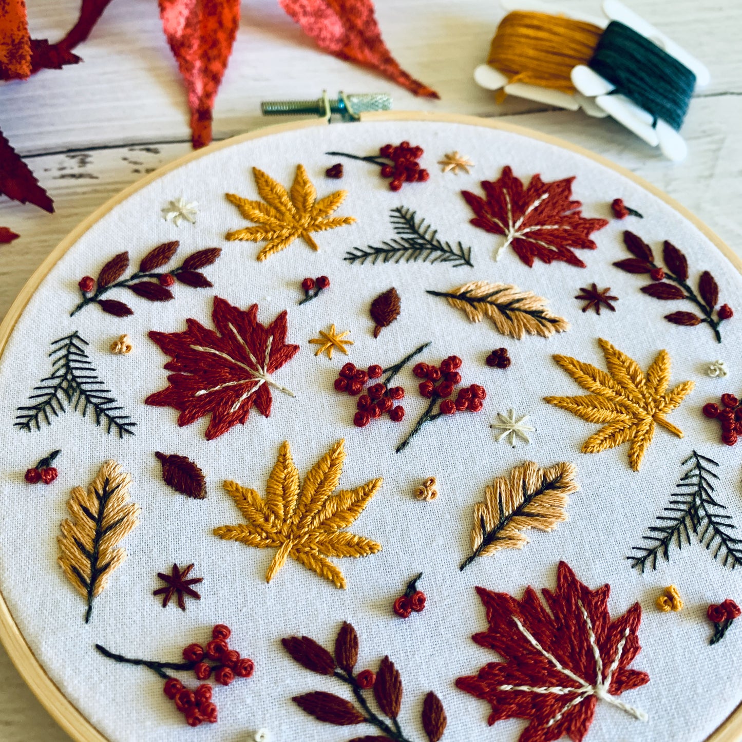 Fall Foliage Embroidery Kit - DIY Hoop Art for Adults. Relaxing Nature Craft Gift, Autumn Leaves Stress Relief Project, beginner friendly